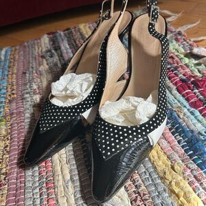 Elegant Black and White Polka Dot Slingback Heels 9B